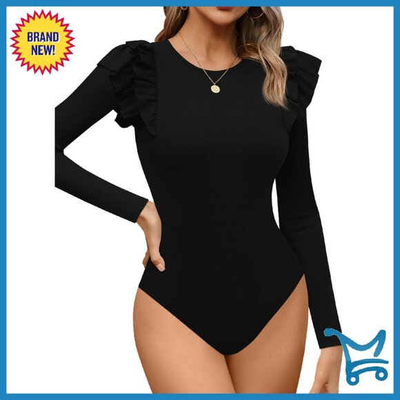 Ribbed Knit Bodysuit Long Sleeve Crew Neck Fitted Top Snap Closure